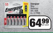 Energizer Max Batteries AA/AAA 4 +2 Free-Per Pack