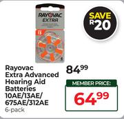 Rayovac Extra Advanced Hearing Aid Batteries 10AE/13AE/675AR/312AE-6 Pack