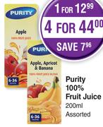 Purity 100% Fruit Juice Assorted- For 4 x 200ml