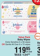 Johnson's Value Pack Baby Wipes Extra Sensitive 6 x 56 Wipes- Per Pack