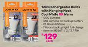 Lightworx 12W Rechargeable Bulbs With Hanging Hook Cool White Or Warm-Each