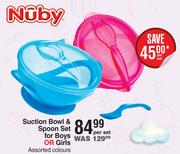 Nuby Suction Bowl & Spoon Set For Boys Or Girls Assorted Colours-Per Set