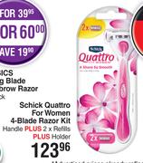 Schick Quattro For Women 4 Blade Razor Kit Handle Plus 2 x Refills Plus Holder