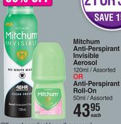 Mitchum Anti Perspirant Invisible Aerosol 120ml Or Anti Perspirant Roll On 50ml Assorted-Each