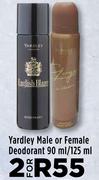 Yardley Male Or Female Deodorant 90ml/125ml-For 2