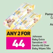 Johnson Baby Extra Sensitive Or Gentle All Over Baby Wipes-For Any 2 x 56's Pack