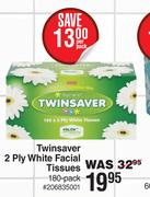 Twinsaver 2 Ply White Facial Tissues-180 Per Pack