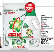 Ariel Auto Washing Powder 2kg Or 3 In 1 Capsules Assorted 14 Pack Or Washing Liquid 1.5L-Each