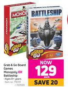 Grab & Go Board Games Monopoly Or Battleship-Each