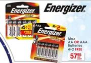 Energizer Max AA Or AAA Batteries 4 + 2-Per Pack
