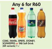 Coke, Fanta, Stoney, Sprite, Schweppes Or Tab Soft Drink (All variants)-6x1Ltr