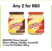 Melrose Cheese Spread (Bacon, Biltong, Cheddar, Sweetmilk Or Low Fat Cheddar)-2x400g