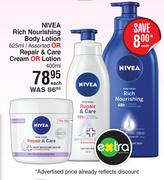 Nivea Rich Nourishing Body Lotion 625ml Or Repair & Care Cream Or Lotion 400ml-Each