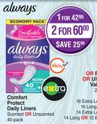 Always Comfort Protect Daily Liners Scented Or Unscented 40 Pack-For 1