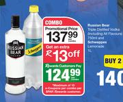 Russian Bear Triple Distilled Vodka (Including All Flavours) 750ml & Schweppes Lemonade 1L-Per Combo