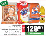 AuntCaroline Rice 2Kg,GoldenCloud WheatFlour 2.5Kg,Nyala Maize Meal 2.5Kg&Helios Sunflower Oil 750ml