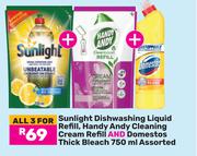Sunlight Dishwashing Liquid Refill,Handy Andy Cleaning Cream Refill & Domestos Thick Bleach-3x750ml