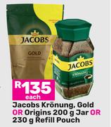 Jacobs Kronung Gold Or Origins 200g Jar Or Refill Pouch 230g-Each