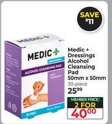 Medic+ Dressings Alcohol Cleansing Pad 50mm x 50mm 30 Piece-For 2