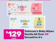Johnson's Baby Wipes Gentle All Over Or Sensitive-6's Each