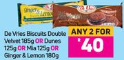 De Vries Biscuits Double Velvet 185g Or Dunes 125g Or Mia 125g Or Ginger & Lemon 180g- For Any 2