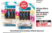 Whizzy Micro USB Rechargeable AA Or AAA Batteries 4 Pack-Per Pack
