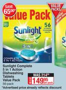 Sunlight Complete 5 In 1 Action Dishwashing Tablets Value Pack 56 Pack-Per Pack