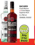 Bacardi Carta Blanca Or Carta Negra Superior Rum-For 2 x 750ml