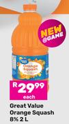 Great Value Orange Squash 8%-2Ltr Each