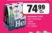 Heineken 0.0% Non Alcoholic Lager Handies-6 x 330ml Per Pack
