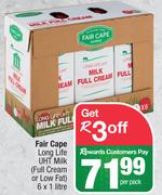 Fair Cape Long Life UHT Milk (Full Cream Or Low Fat) 6 x 1Ltr-Per Pack