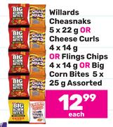 Willards Cheasnacks 5x22g Or Cheese Curls 4x14g Or Flings Chips 4x14g Or Big Corn Bites 5x25g-Each