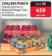 Chillers Punch Tequila Sunrise Or Peach & Mango Cans-24 x 440ml Per Case
