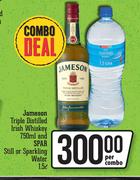 Jameson Triple Distilled Irish Whisky 750ml & Spar Still Or Sparkling Water 1.5L-Per Combo