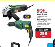 Ryobi 115mm 650W Angle Grinder HG-650 Or 500W Impact Drill HID-500-Each