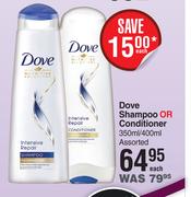 Dove Shampoo Or Conditioner Assorted-350ml/400ml Each