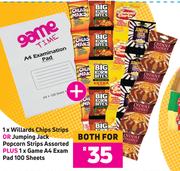 1xWillards Chips Strips Or Jumping Jack Popcorn Strips Plus 1xGame A4 Exam Pad 100 Sheets-Both For