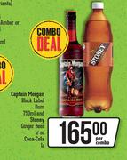 Captian Morgan Black Label Rum 750ml & Stoney Ginger Beer 1L Or Coca Cola 1L-Per Combo