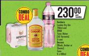 Gordon's London Dry Gin 750ml & Spar Tonic Water 1L & Bernini(Blush,Amber Or Classic) Cans 6x440ml