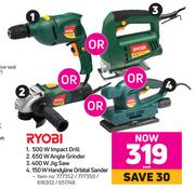 Ryobi 500W Impact Drill + 650W Angle Grinder + 400W Jig Saw + 150W Handyline Orbital Sander-Each