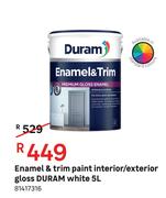 Duram White Enamel & Trim Paint (Interior/Exterior Gloss)-5 L
