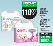 Schick Intuition 4 Blade 3 Pack Or Quattro For Women 4 Blade Cartridges 4 Pack-Per Pack