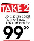 Solid Plain Coral Flannel Throw-125 x 150cm-For One