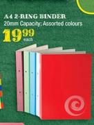 Marlin A4 2 Ring Binder 20mm Assorted Colours-Each