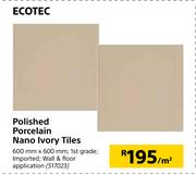 Ecotec Polished Porcelain Nano Ivory Tiles-600mm x 600mm Per Sqm