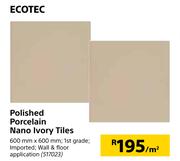 Ecotec Polished Porcelain Nano Ivory Tiles-600mm x 600mm Per Sqm