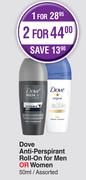Dove Anti Perspirant Roll On For Men Or Women Assorted-For 2 x 50ml