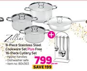 Zellini 8 Piece Stainless Steel Cookware Set Plus Free 16 Piece Cutlery Set-Per Set