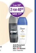 Dove Anti-Prespirant Roll-On For Men Or Women Assorted-For 2 x 50ml