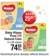 Huggies Baby Wipes Pure Or Natural Care 4 x 56 Wipes-Per Pack